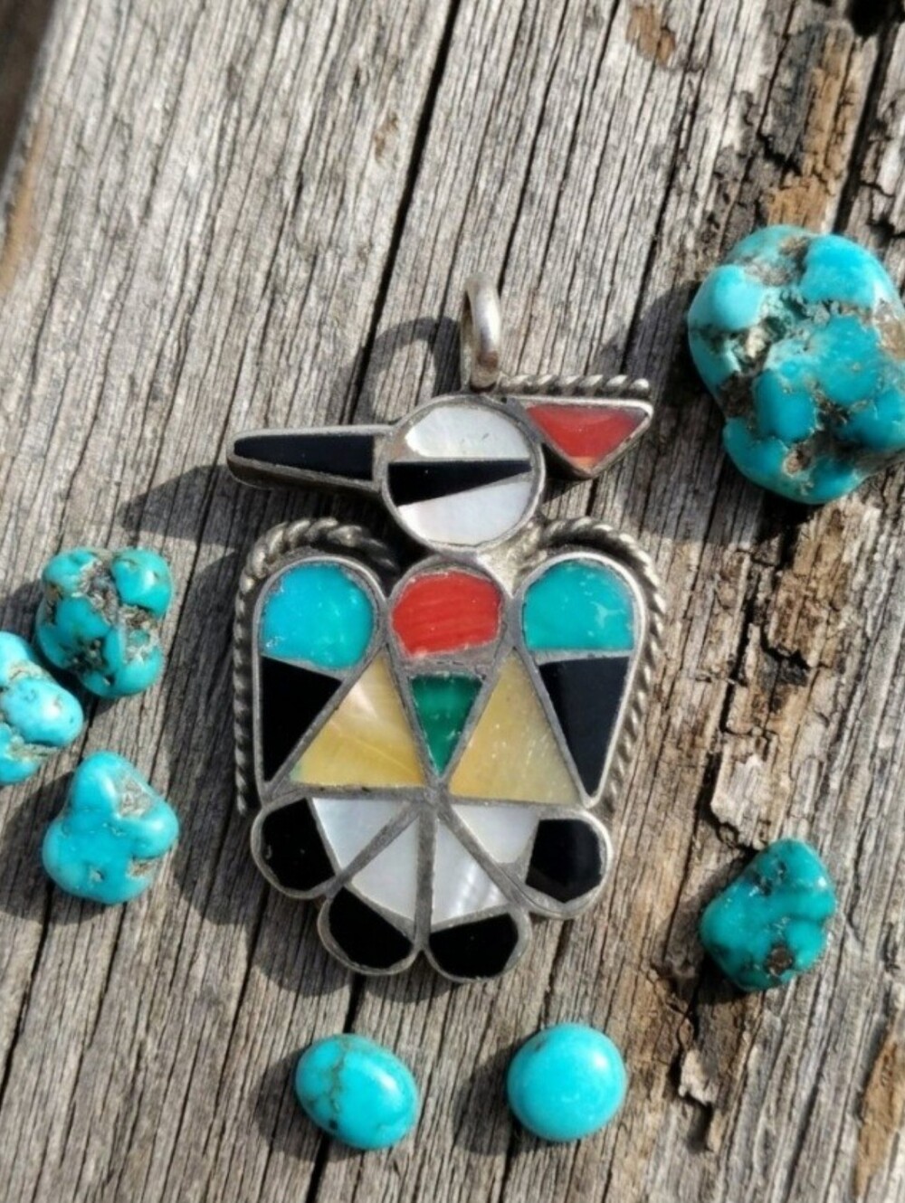 Native American Zuni Sterling Silver Bird Thunderbird Pendant Multicolor Inlay.